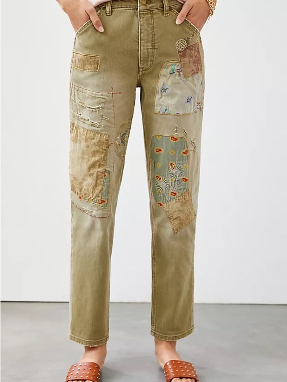Pilcro The Wanderer Olive Distressed Boho Patchwork Pants sz28 - Picture 8 of 8